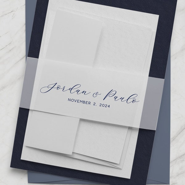 Script lettered belly bands for wedding invitations - personalized handmade wedding invitation wrap - translucent belly band  - JORDAN