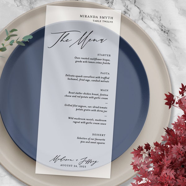 Vellum printed wedding menu - Personalized wedding menu with guest names - Elegant script reception menu and place card - MIRANDA