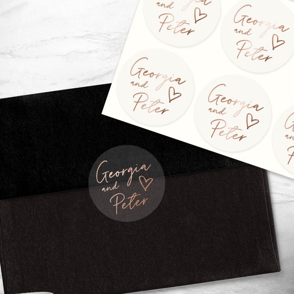 Real foil personalized wedding stickers – clear envelope seals for weddings – transparent circle labels – GINNY