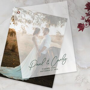 Cartes de remerciement avec photo de mariage - Carte de remerciement de mariage personnalisée - Carte photo personnalisée avec superposition de vélin - CARLY