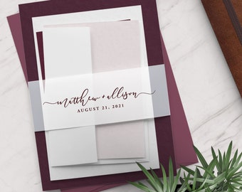 Handlettered style vellum belly band - translucent vellum invitation wrap - ALLISON