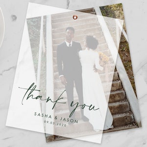 Cartes de remerciement avec photo de mariage - Carte de remerciement de mariage personnalisée - Carte photo personnalisée avec superposition de vélin - SASHA