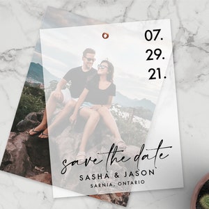 Réservez la date - réservez notre date de mariage personnalisée avec photo - carte personnalisée en superposition de vélin - SASHA