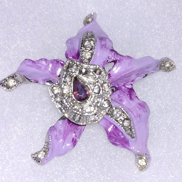 Vintage Beautiful Purple Enamel/Marcasite Orchid Trembler Brooch