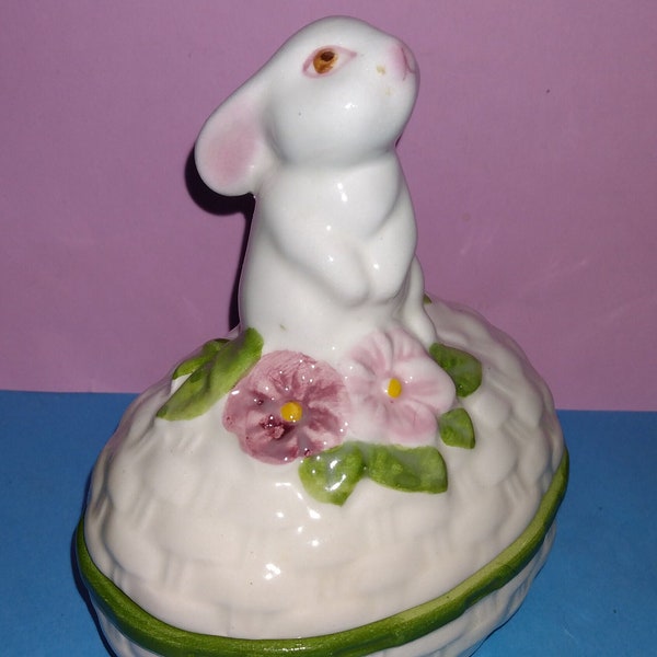 Vintage Avon Luv Bunny Trinket Box, Bunny Sitting Atop an Easter Egg