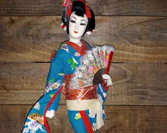Japanese Geisha Black Kimono and Obi Sash on a Wooden Base Lucky Charm Figurine Vintage Souvenir Doll from Japan