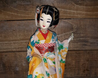 Japanese Geisha Black Kimono and Obi Sash on a Wooden Base Lucky Charm Figurine Vintage Souvenir Doll from Japan