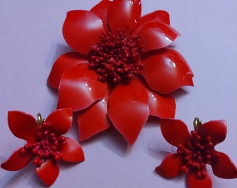 Vintage rode emaille bloem/punten Poinsettia broche en clip op oorbellen