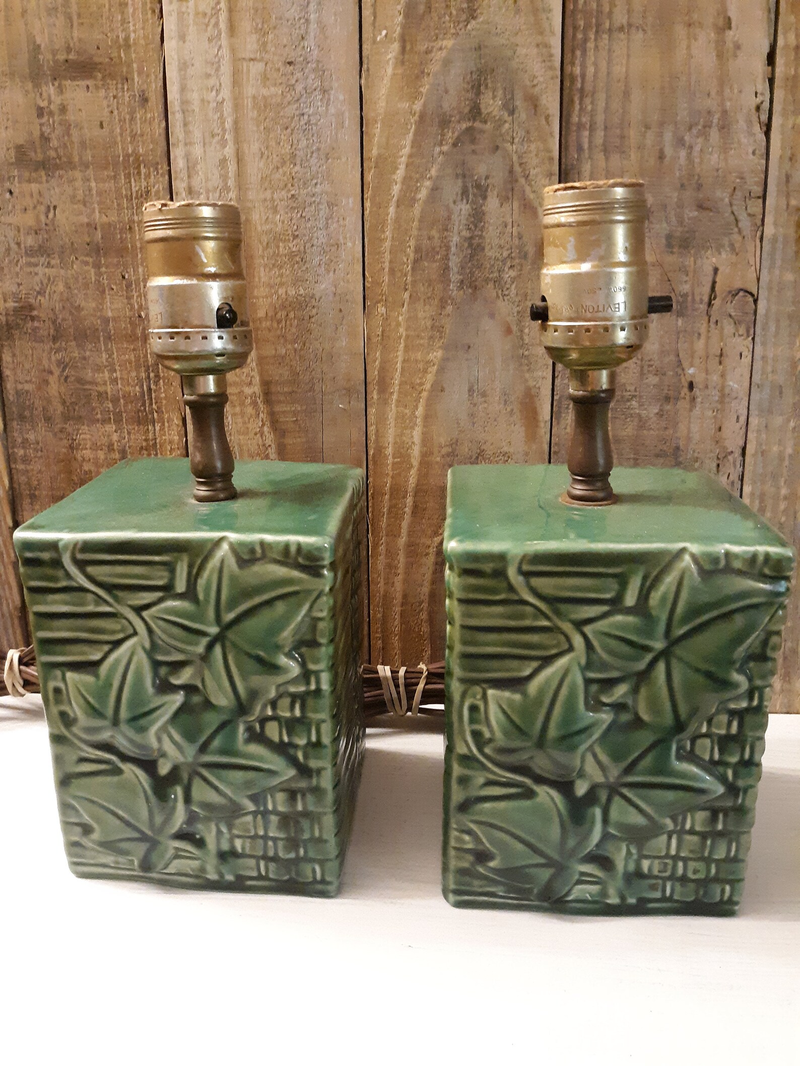 MCM Green Glaze Leaf Pattern Table/End Table Lamps Etsy