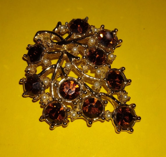 Vintage Beautiful Brown Brooch with Clear Rhinest… - image 1
