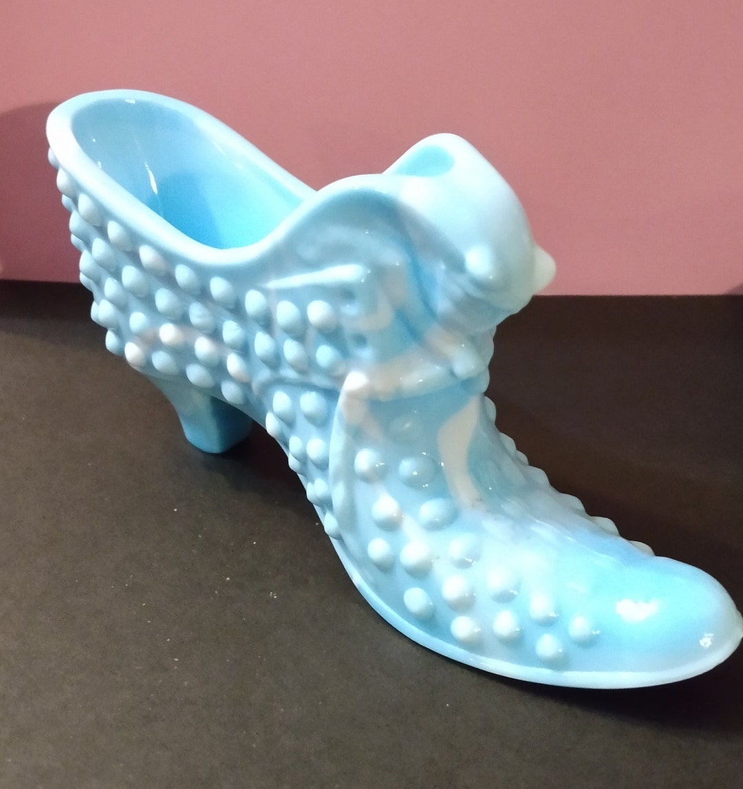 Vintage Fenton Blue Slag Glass Hobnail Shoe Cat Head Etsy