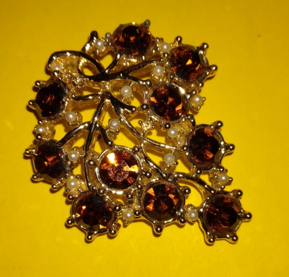 Vintage Beautiful Brown Brooch with Clear Rhinest… - image 2