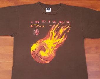 90's Indiana On Fire Basketball Shirt - Fits Like XL - FADED Distressed and Fire - Made in USA - flying Start Sportswear - Faded Brown Black