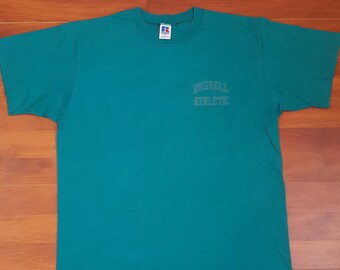 90's Russell Athletics T-Shirt - Classic 90's Jade Green Color - Fits Like Medium/Large - Made in USA Russell Athletics Shirt - Logo Tee USA