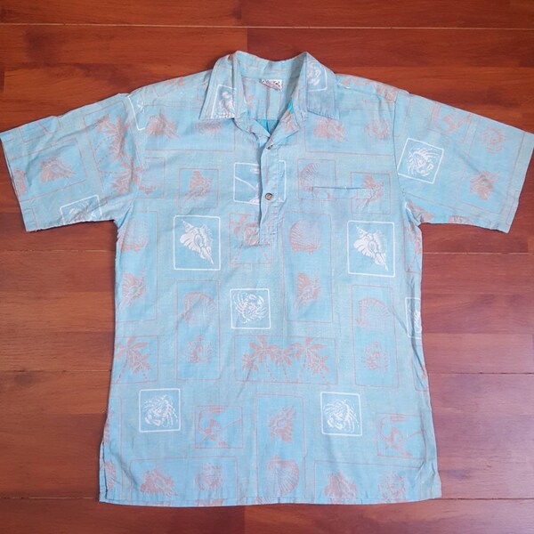 70's Sky Blue Barefoot in Paradise Pull Over Hawaiian  Shirt - Fits Like Medium - 100% Cotton -