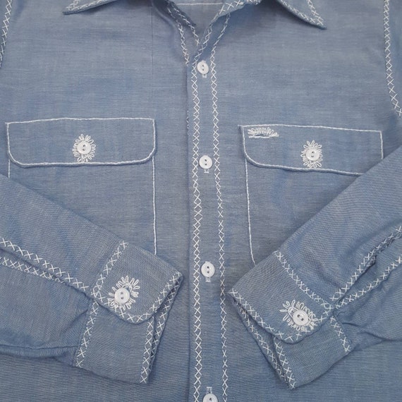 70's Embroidered and Embellished Big Mac Chambray… - image 5