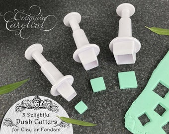 Set of 3 Square Plunger Cutters for Gum Paste, Fondant, Polymer Clay, Porcelain, Jewelry, Baking, Dough. Tiny Mini Square Push Cutter Tool