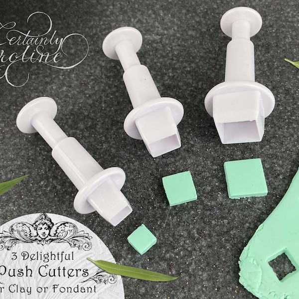 Set of 3 Square Plunger Cutters for Gum Paste, Fondant, Polymer Clay, Porcelain, Jewelry, Baking, Dough. Tiny Mini Square Push Cutter Tool