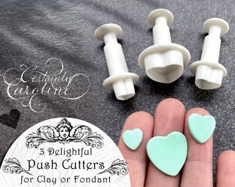 Set of 3 Heart Plunger Cutters for Gum Paste, Fondant, Polymer Clay, Porcelain, Jewelry, Baking, Dough. Tiny Mini Heart Push Cutter Tool