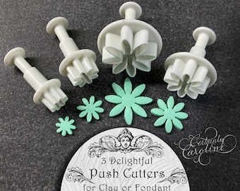 Set of 4 Flower Plunger Cutters for Polymer Clay, Gum Paste, Fondant, Jewelry, Baking, Dough. Tiny Mini Flower Push Cutter Tool