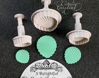 Set of 3 Seashell Plunger Cutters for Fondant, Polymer Clay, Jewelry, Dough, Small Clam Shell Impression Push Cutter Tool