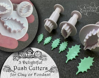 Set of 3 Mistletoe Leaf Plunger Cutters for Fondant, Polymer Clay, Porcelain, Jewelry, Dough. Tiny Mini Christmas Leaf Push Cutter Tool