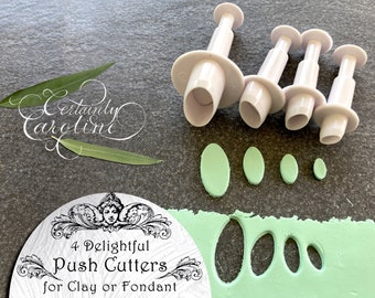 Set of 4 Oval Plunger Cutters for Gum Paste, Fondant, Polymer Clay, Porcelain, Jewelry, Dough. Tiny Mini Round Oval Push Cutter Tool