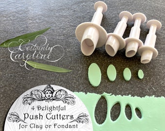 Set of 4 Oval Plunger Cutters for Gum Paste, Fondant, Polymer Clay, Porcelain, Jewelry, Dough. Tiny Mini Round Oval Push Cutter Tool