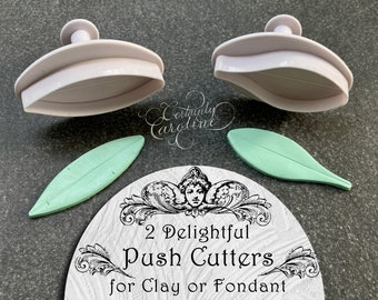 Set of 2 Leaf Plunger Cutters for Gum Paste, Fondant, Polymer Clay, Porcelain, Jewelry, Dough. Leaf with Vein Line Stem Push Cutter Tool