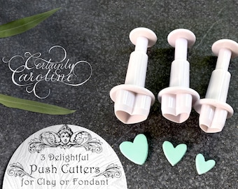 Set of 3 Heart Plunger Cutters for Gum Paste, Fondant, Polymer Clay, Porcelain, Jewelry, Baking, Dough. Tiny Mini Heart Push Cutter Tool