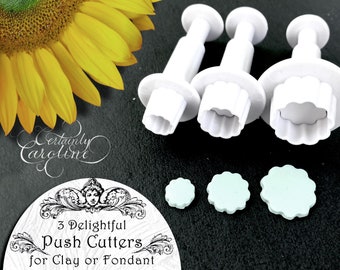 Set of 3 Scalloped Edge Plunger Cutters for Polymer Clay, Gum Paste, Fondant, Jewelry, Baking, Dough. Tiny Mini Flower Push Cutter Tool