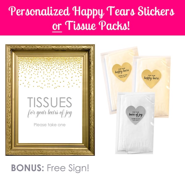 Happy Tears Tissues- Happy Tears Wedding- Happy Tears Stickers- For Your Happy Tears Sign- Wedding Tissues- Tears of Joy Tissue Packs