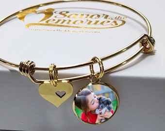 Photo Bracelet- Personalized Photo Bracelet- Photo Charm Bracelet- Gifts for Mom Christmas- Grandma Gifts- Photo Jewelry- Photo Bangle