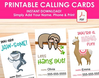 Printable Kids Calling Cards- Printable Play Date Cards pdf - Girls Calling Cards- Keep In Touch Printable- Printable Playdate Cards pdf