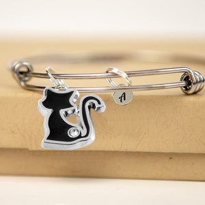 Cat Bracelet- Cat Bangle Bracelet- Cat Mom Bracelet- Silver Cat