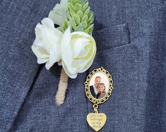 Boutonnière photo breloque-épingle à la mémoire du marié-photo épinglette-photo broche-épinglette-boutineer épingle-photo de mariage épingle-marié fleur épingle-souvenir