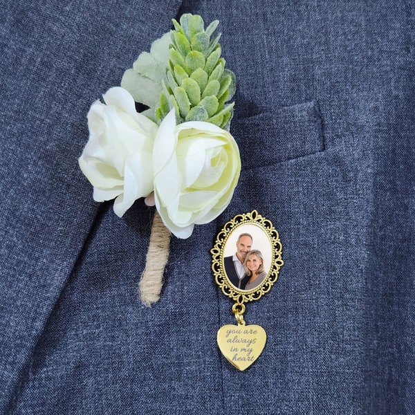 Boutonniere Photo Charm- Groom Memorial Pin- Photo Lapel Pin- Photo Brooch- Boutineer Pin- Wedding Photo Pin- Groom Flower Pin- Remembrance