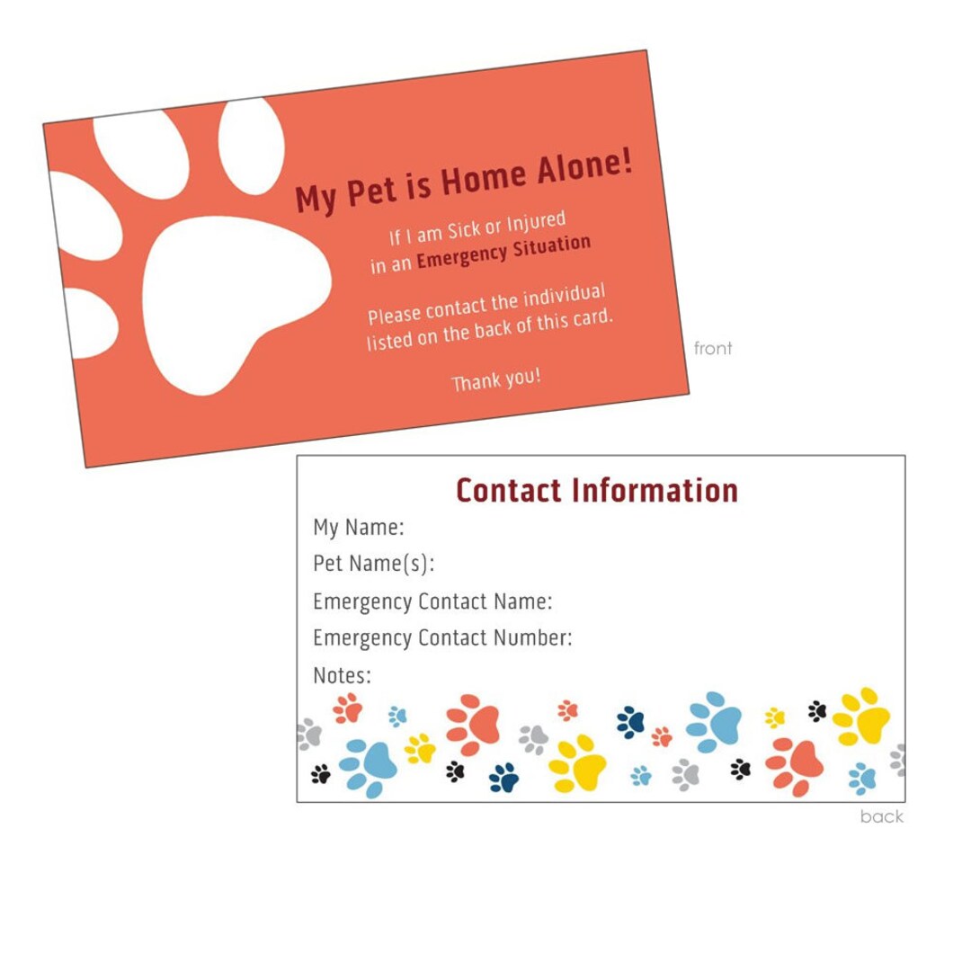 5 Pet Emergency Card My Dog is Home Alone My Cat is Home - Etsy