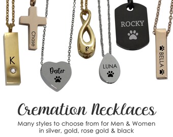 May include: A selection of cremation necklaces in silver, gold, rose gold, and black. The necklaces include a gold bar with the letter "K", a cross with "Chase", a heart with "Dexter", an infinity symbol with "R", a dog tag with "Rocky", a teardrop with "Luna", and a bar with "Bella".