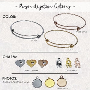 May include: Personalisation options for bracelets including silver, gold, and rose gold wire bangles. Charms include heart and love designs in three metallic finishes. Round photo charms are available in silver, gold, and rose gold, measuring 0.63 cm.