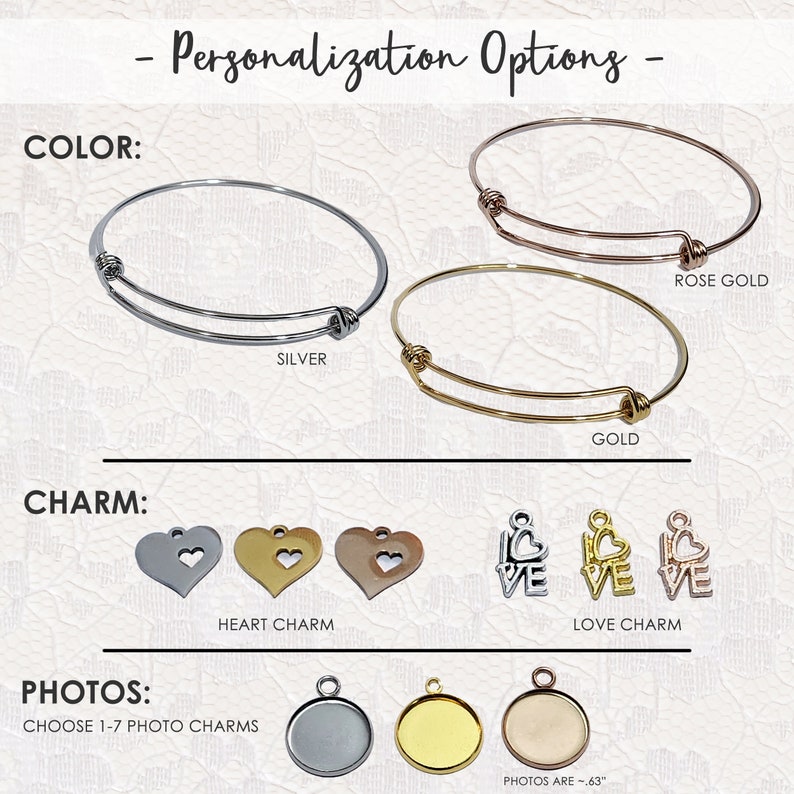 May include: Personalisation options for bracelets including silver, gold, and rose gold wire bangles. Charms include heart and love designs in three metallic finishes. Round photo charms are available in silver, gold, and rose gold, measuring 0.63 cm.