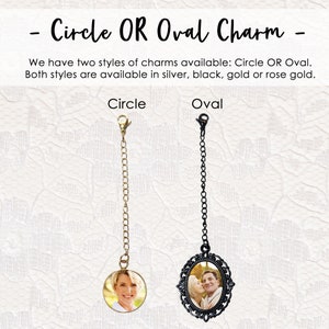 Puede incluir: Dos charms de foto, uno redondo y otro ovalado, ambos con cadenas doradas. El charm redondo tiene una foto de una mujer sonriendo. El charm ovalado tiene una foto de una pareja sonriendo.  Circle OR Oval Charm. We have two styles of charms available: Circle OR Oval. Both styles are available in silver, black, gold or rose gold.