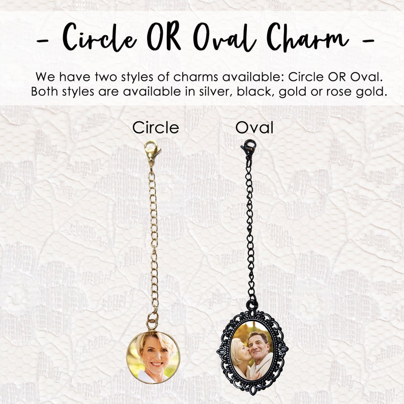 Puede incluir: Dos charms de foto, uno redondo y otro ovalado, ambos con cadenas doradas. El charm redondo tiene una foto de una mujer sonriendo. El charm ovalado tiene una foto de una pareja sonriendo.  Circle OR Oval Charm. We have two styles of charms available: Circle OR Oval. Both styles are available in silver, black, gold or rose gold.