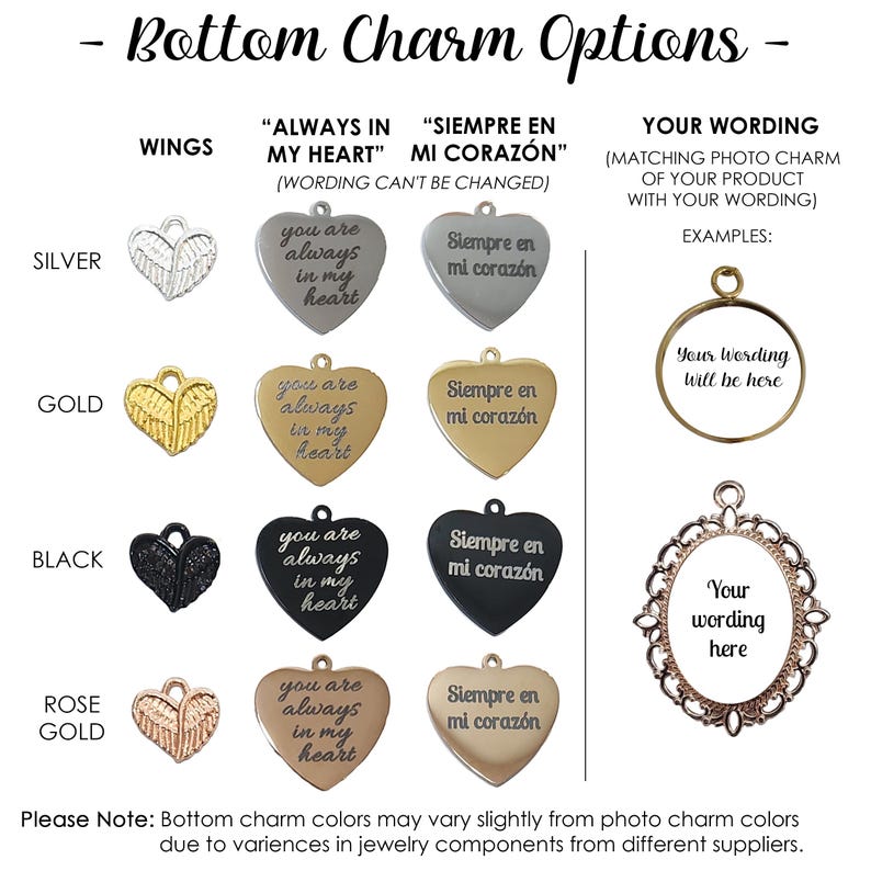 Puede incluir: Un gr&aacute;fico que muestra diferentes opciones de charms para una pieza de joyer&iacute;a. Las opciones incluyen alas plateadas, doradas, negras y de oro rosa. Los charms presentan colgantes en forma de coraz&oacute;n con el texto "You are always in my heart" y "Siempre en mi coraz&oacute;n". El gr&aacute;fico tambi&eacute;n incluye ejemplos de frases personalizadas que se pueden agregar al charm.