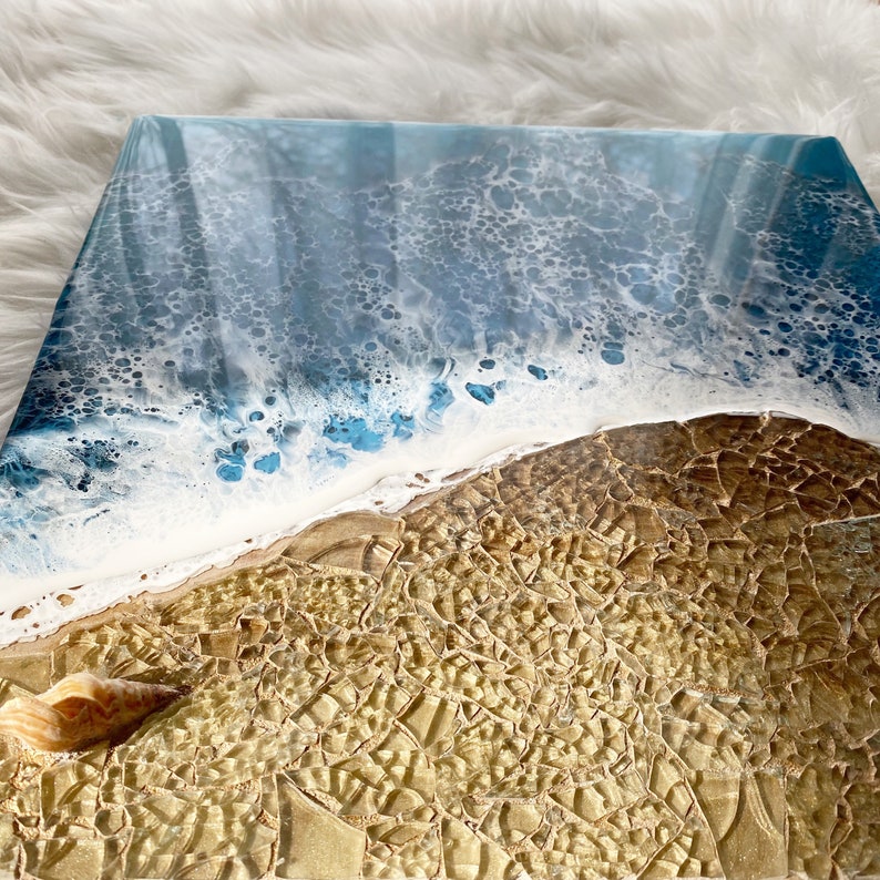 14 X 14 Resin Beach Art With Glass Mosaic Beach Resin Ocean Etsy