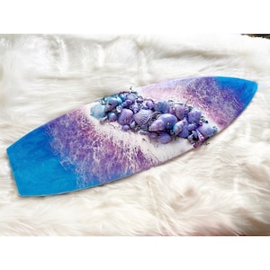 Closeout - 32” Resin Beach Art Surfboard with Shell Cluster, Resin Ocean Art, Ocean Surfboard, Resin Art, Beach Decor, Coastal Art,