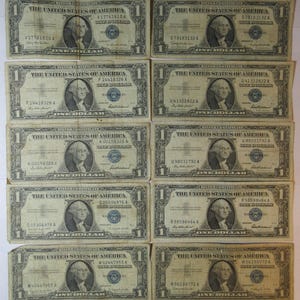 Ten 1957 One Dollar Blue Seal Silver Certificates (#E37c)
