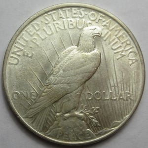 May include: A silver Peace Dollar coin featuring an eagle perched on a rock with an olive branch. The coin is inscribed with "UNITED STATES OF AMERICA", "E PLURIBUS UNUM", "ONE DOLLAR", and "PEACE".