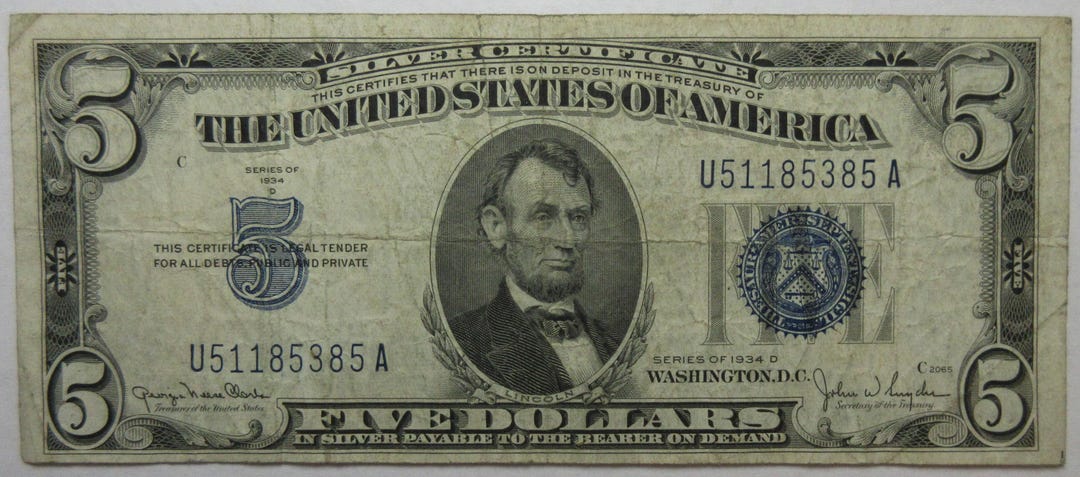 1934-D 米国ブルーシール 5ドル銀券 (#E828c) - Etsy 日本