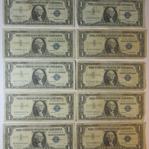 Ten 1957 One Dollar Blue Seal Silver Certificates (#E930c)